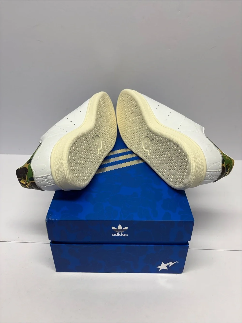 adidas Stan Smith White Sneakers with Gold Accents and Camo Heel